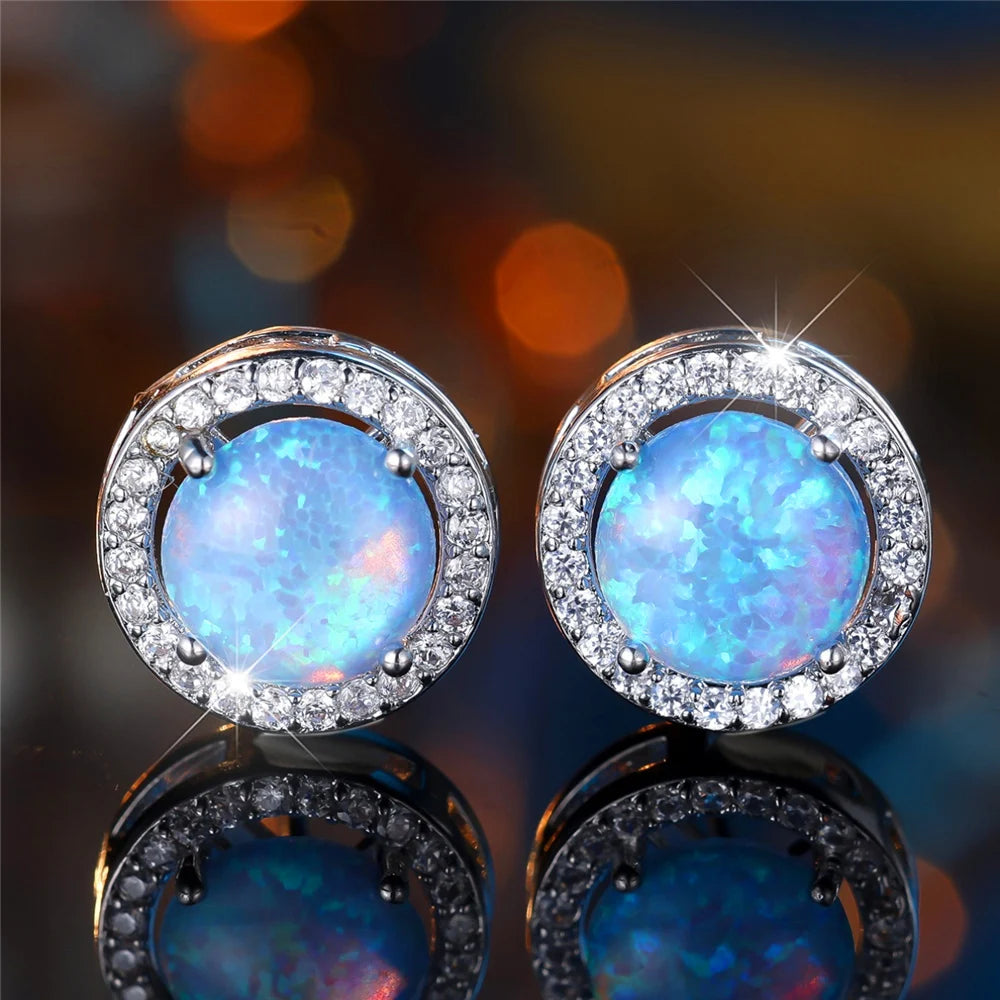 Crystal Opal Round Stud Earrings – Silver