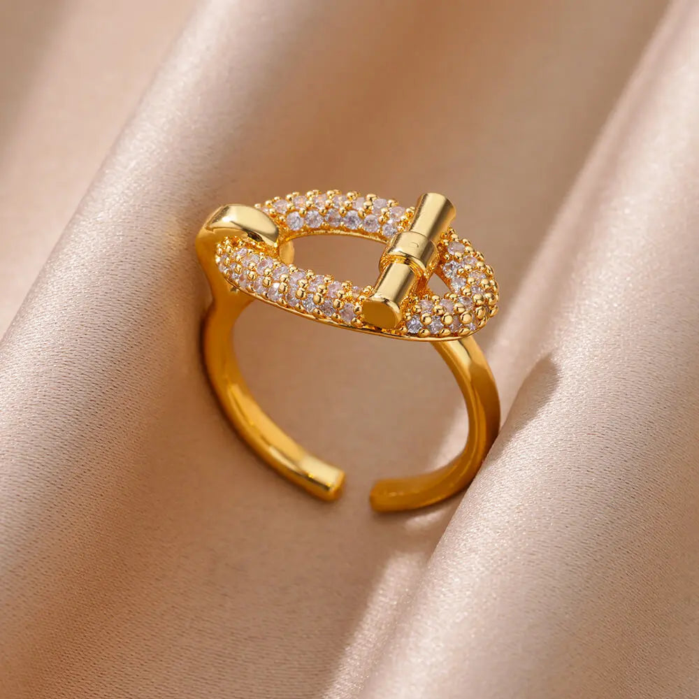 Gold Oval Hollow Zircon Open Ring – Women’s Jewelry