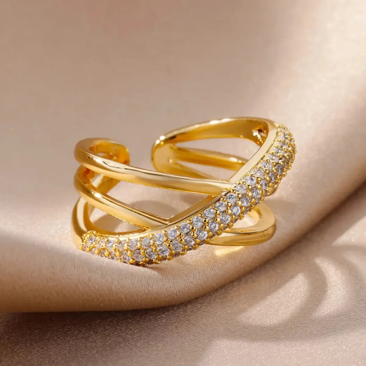Gold Double Cross Zircon Ring – Women’s Luxury Jewelry