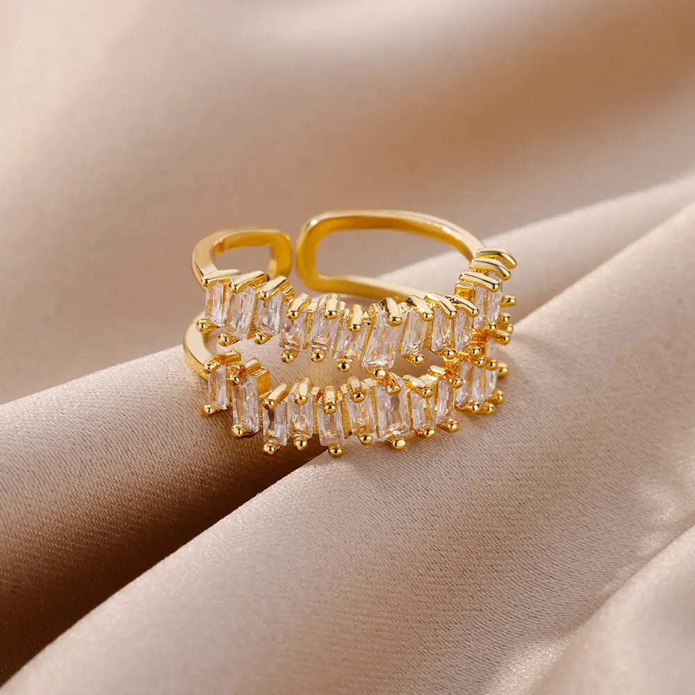 Double Layer Zircon Adjustable Ring – Gold Plated Jewelry