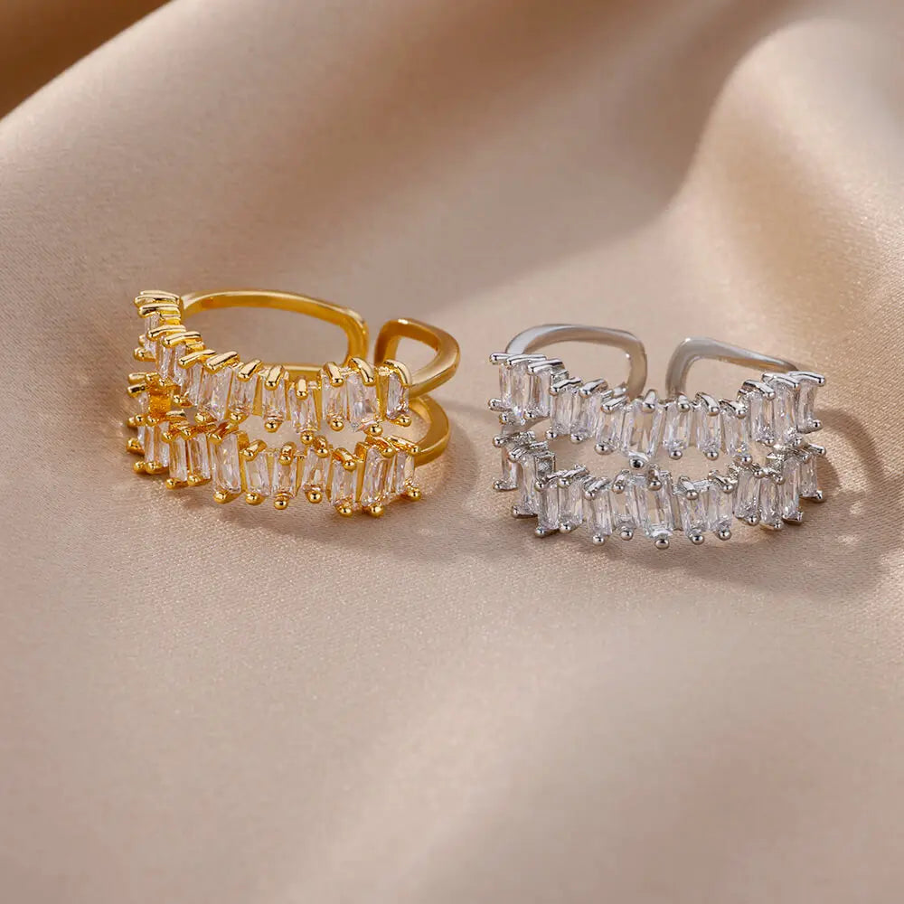 Double Layer Zircon Adjustable Ring – Gold Plated Jewelry