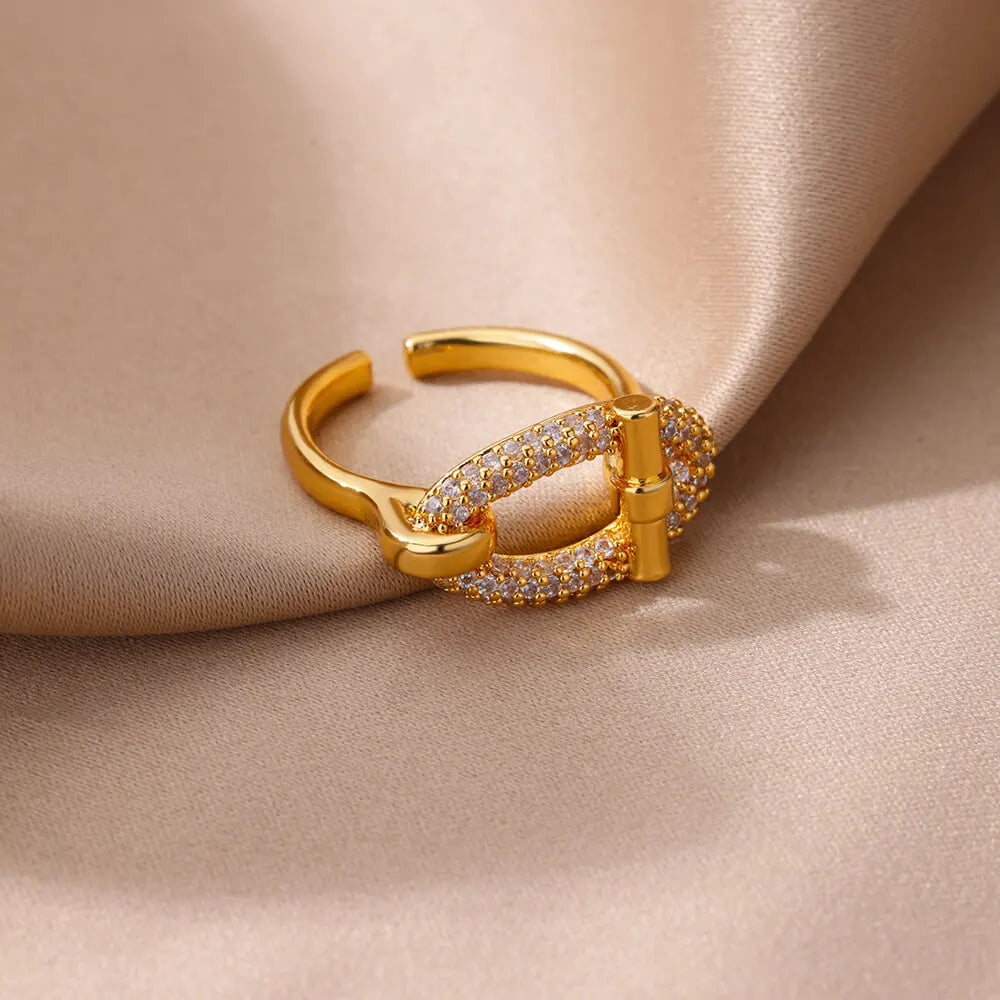 Gold Oval Hollow Zircon Open Ring – Women’s Jewelry