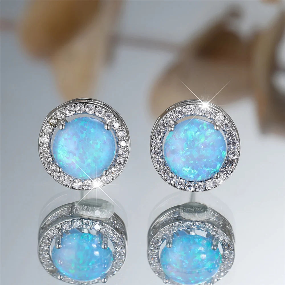 Crystal Opal Round Stud Earrings – Silver