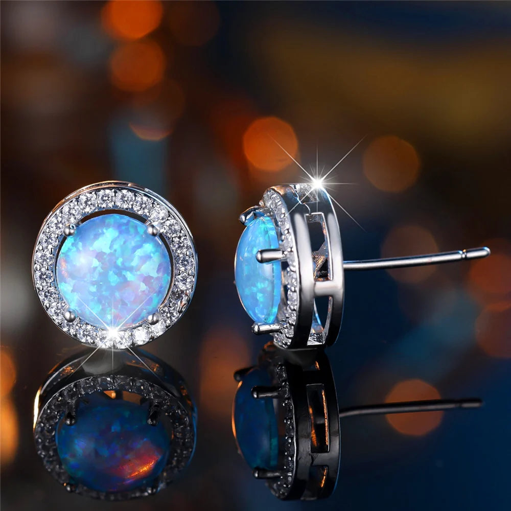 Crystal Opal Round Stud Earrings – Silver