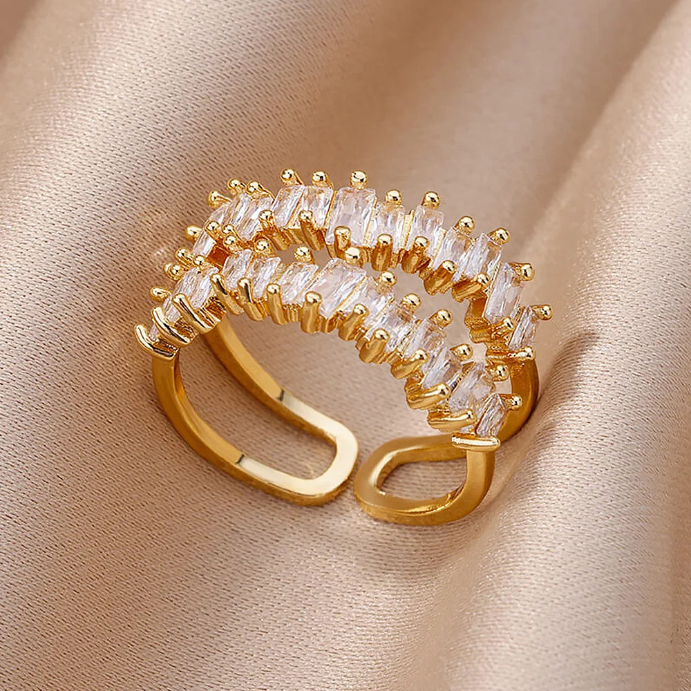 Double Layer Zircon Adjustable Ring – Gold Plated Jewelry