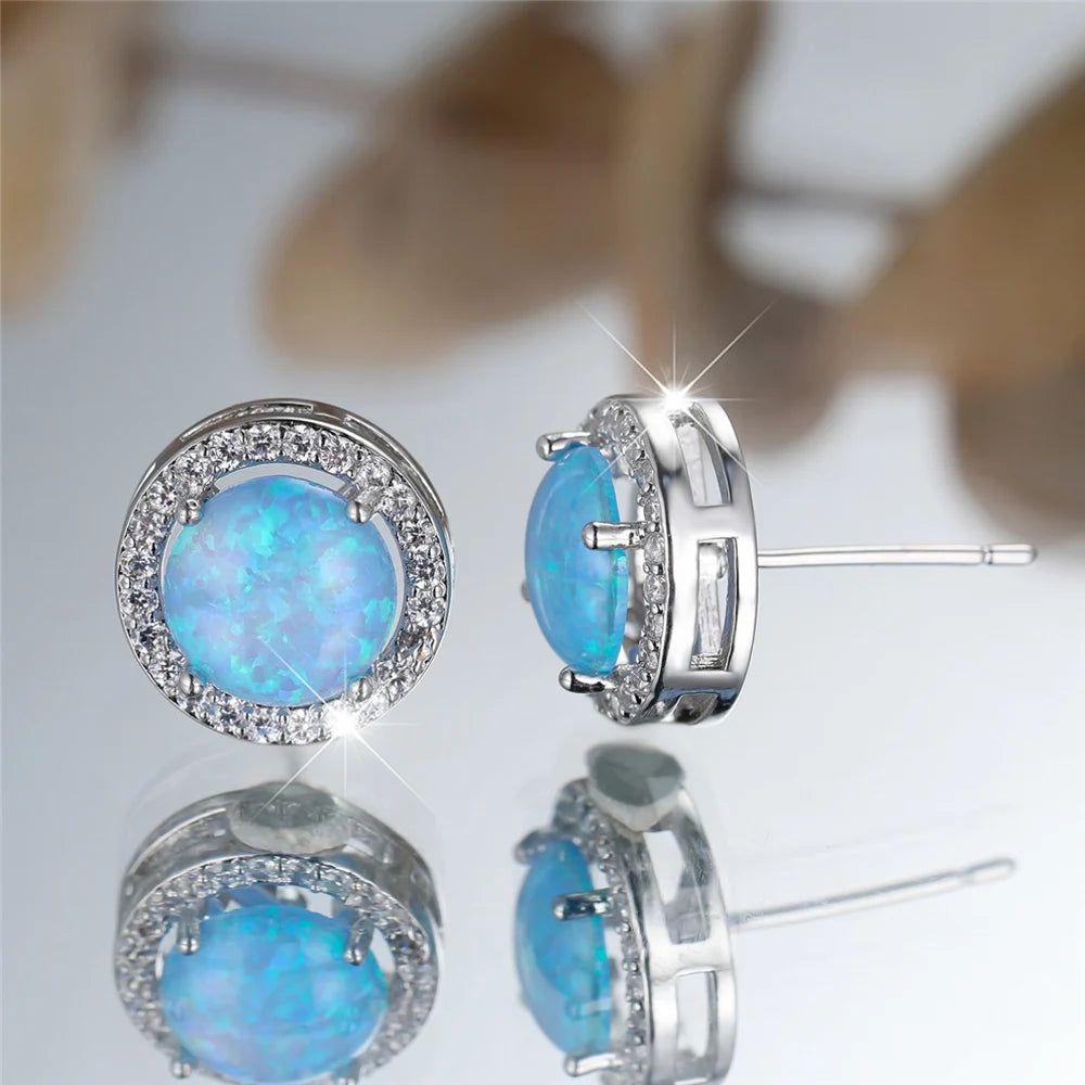 Crystal Opal Round Stud Earrings – Silver